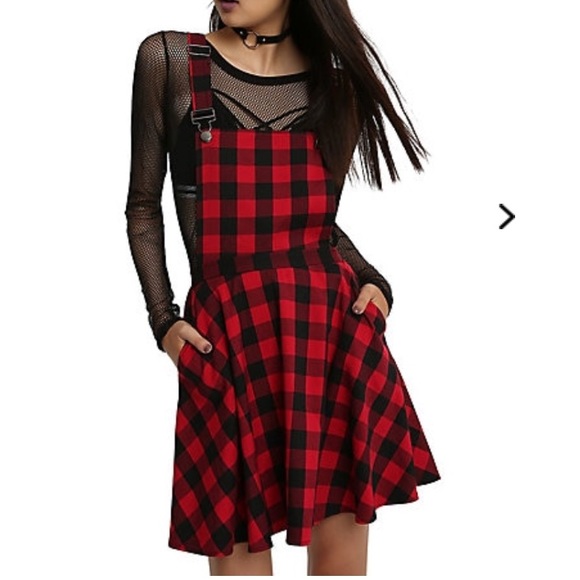 red & black plaid overall dress